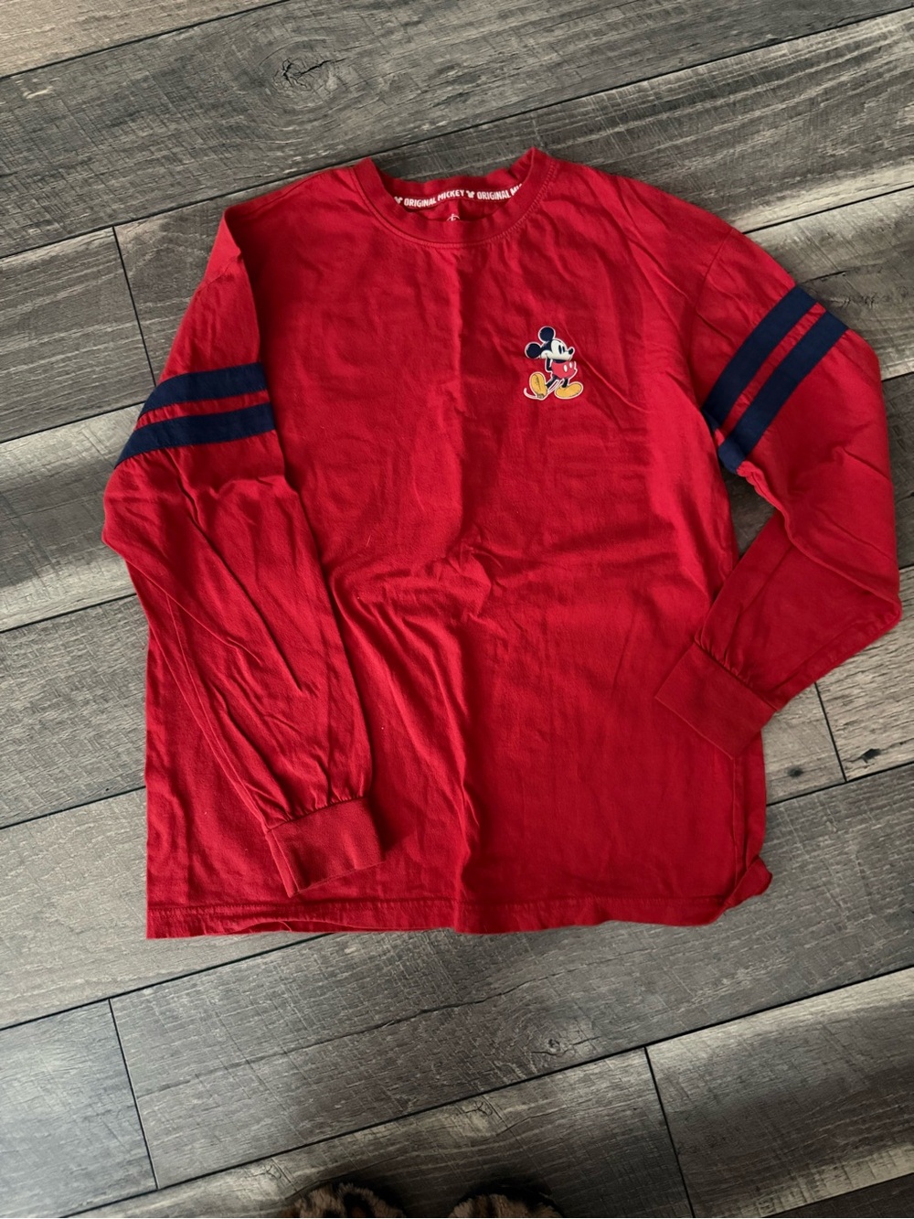 Disney Red Long-Sleeve Mickey Patch Tee with Navy Stripes